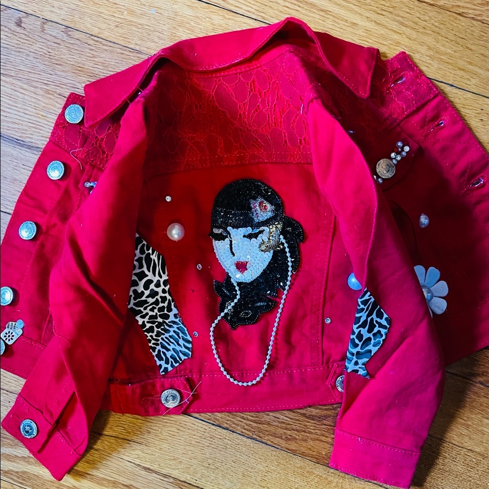 3T girls red hand made jean jacket